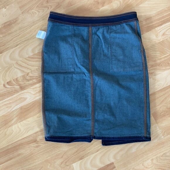 Land’s End denim mini skirt zipper stretch top stitching slit pockets Navy 8P - Picture 8 of 14
